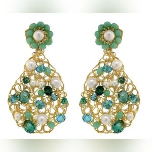 Frances Valentine Ocean Teal Mix Aurora Handmade Crochet Earrings 18K Gold Wire